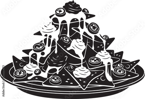 Plate of nachos vector silhouette illustration with melted cheese and jalapeno line art