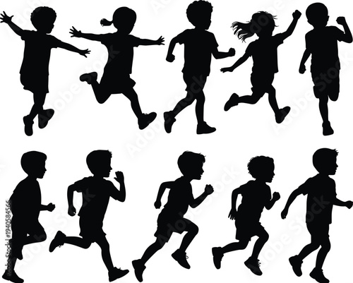 Running children silhouettes vector set, kids jogging, sprinting and playing outdoor activity poses, childhood sport illustration collection