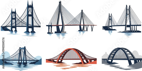Vector bridge illustration featuring six diverse designs including suspension, cable‑stayed, and arch bridges with water reflections and urban style