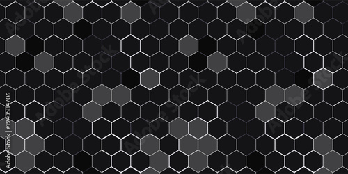 Dark technology hexagonal vector background. Abstract blue bright energy flashes under hexagon in dark technology modern futuristic background vector illustration. Gray honeycomb texture grid