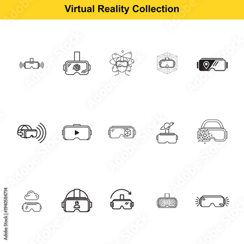 A set of simple outline icons illustrates different types of virtual reality headsets, augmented reality goggles, and immersive experience hardware for digital environments.