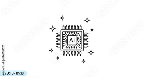 Microprocessor Chip Vector Icon with "AI" Text and Sparkles in Modern Line Style