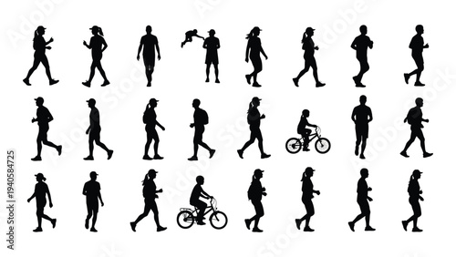 Various people walking and riding bicycles in different poses