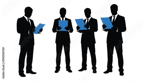Four businessmen in silhouette holding laptops