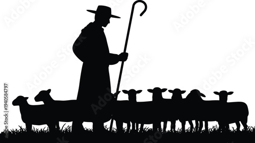 Shepherd with sheep flock silhouette vector illustration, farmer herding livestock with staff in pasture, rural farming agriculture concept