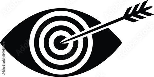 Target arrow hitting bullseye inside eye symbol, business vision goal concept, focus strategy success icon, achievement aim illustration
