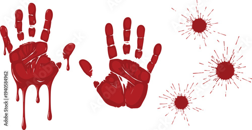 Red blood handprints and splatter marks illustration with dripping effect, forensic crime scene concept, horror artwork, spooky design perfect for Halloween, thriller, and mystery projects