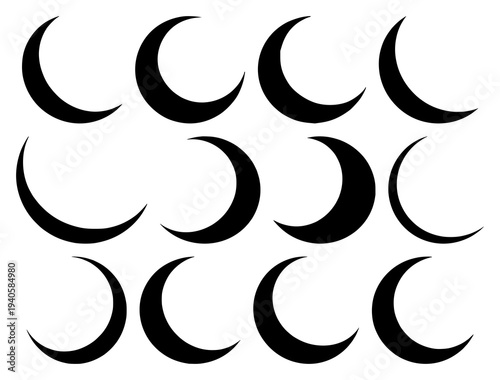 Crescent moon set with a bold black silhouette against a white background featuring celestial, lunar, night sky imagery with vector and illustration