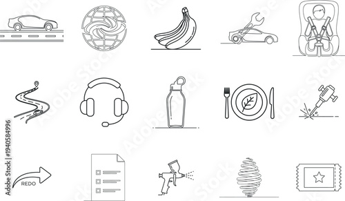 Collection of various black and white line drawings