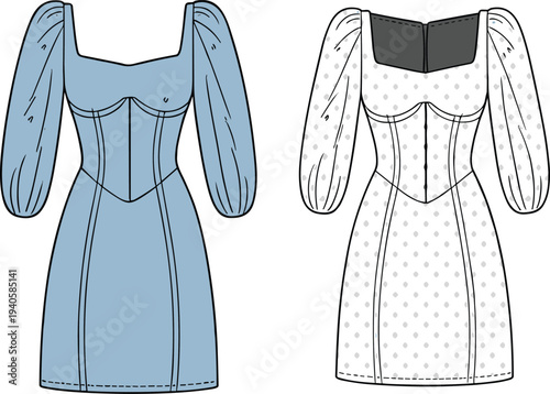 Women corset dress fashion template, elegant long sleeve female clothing front and back view, stylish apparel flat vector illustration
