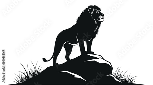 A silhouette of a lion standing on a rock formation looking out into the distance with a strong and powerful stance majestic silhouette