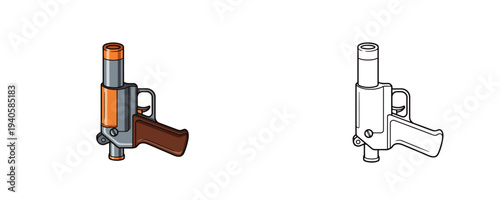 Compact signal flare gun in flat cartoon and line art styles with orange gray and brown colors used for emergency signaling isolated on a white background