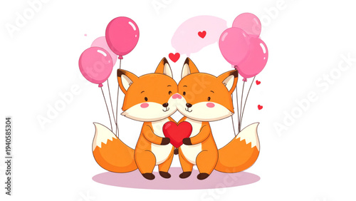 Romantic valentine fox couple collection with various loving poses holding heart and balloons for wedding invitation and love greeting card.