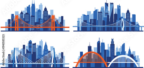 Vector city skyline illustration featuring four iconic bridges with diverse architectural styles, modern skyscrapers, urban design, and colorful variations
