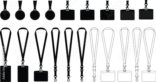 ID badge lanyard set, identification card holder templates with strap and clip, office employee name tag accessories flat vector illustration