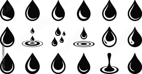Water drop icons collection, liquid droplet splash symbols, rain drop shapes set, hydration environment design elements illustration