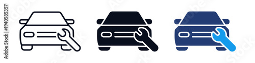 Car repair service icon set - Car icon with a wrench symbol showing vehicle maintenance, auto mechanic and automotive mechanical service concept in outline, glyph and colored styles.