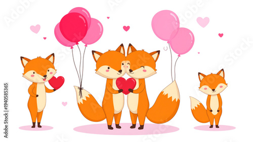 Romantic valentine fox couple collection with various loving poses holding heart and balloons for wedding invitation and love greeting card.