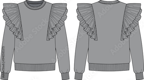 Women ruffle sleeve sweater template, stylish female fashion pullover front and back view, clothing apparel design mockup flat vector illustration