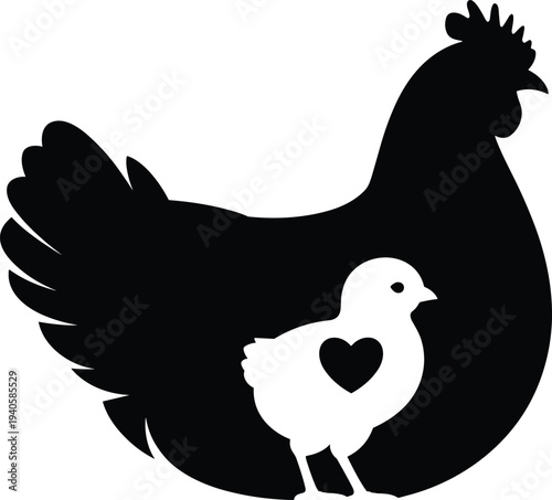 Hen and chick silhouette vector illustration, mother chicken with baby chick love symbol, poultry farm animal parenting concept icon