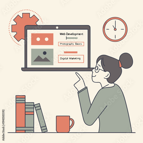 Woman using laptop for digital marketing and web development, pointing to online learning modules