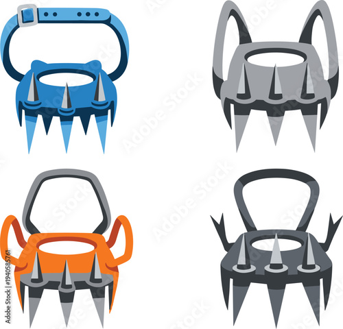Vector crampon illustration featuring four diverse traction designs with spikes, straps, and frames for ice climbing and mountaineering