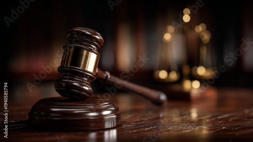 A wooden gavel is placed on a polished table alongside a golden justice scale