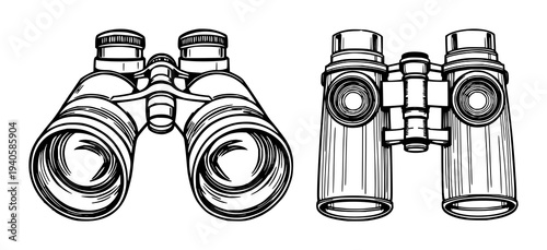 Classic black silhouette of vintage binoculars, clean line art illustration against crisp white background, perfect for travel or exploration themes