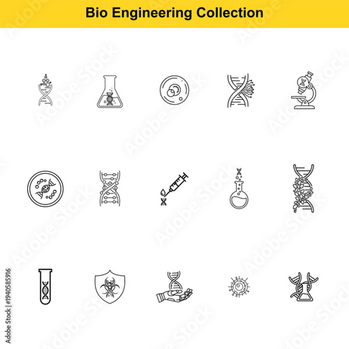 Collection of scientific line icons details genetic engineering, laboratory equipment, and microbiological research elements, suitable for medical technology topics.
