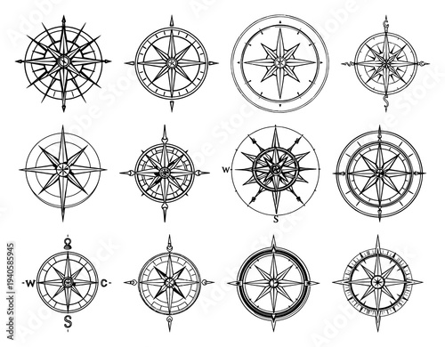 Vintage compass rose set with black line art on white background featuring navigation, geometry, maritime with illustration and vector