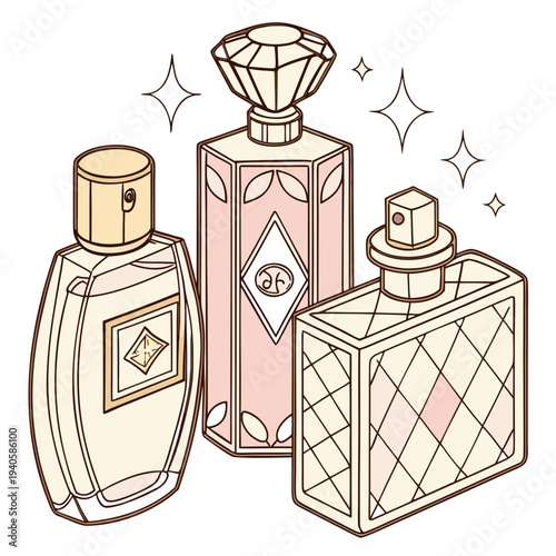 Collection of Three Stylish Perfume Bottles with Ornate Details and Glimmering Accents