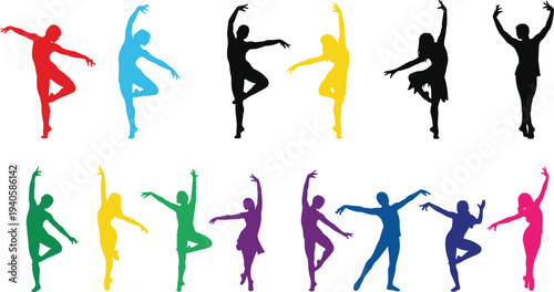 Colorful dancer silhouette vector illustration featuring diverse poses, expressive movement, artistic design, vibrant colors, and creative performance inspiration