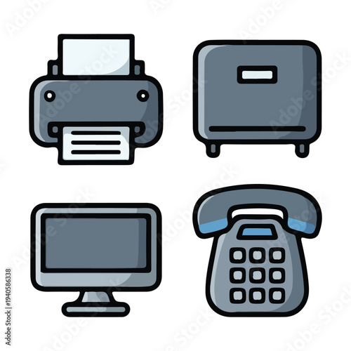 Essential Office Electronic Hardware Icon Set Flat line icons of a printer, computer monitor, landline telephone, and a scanner or shredder for business operations