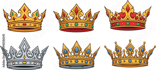Vector crown illustration featuring six ornate royal designs with jewels, filigree, arches, and regal decorative styles