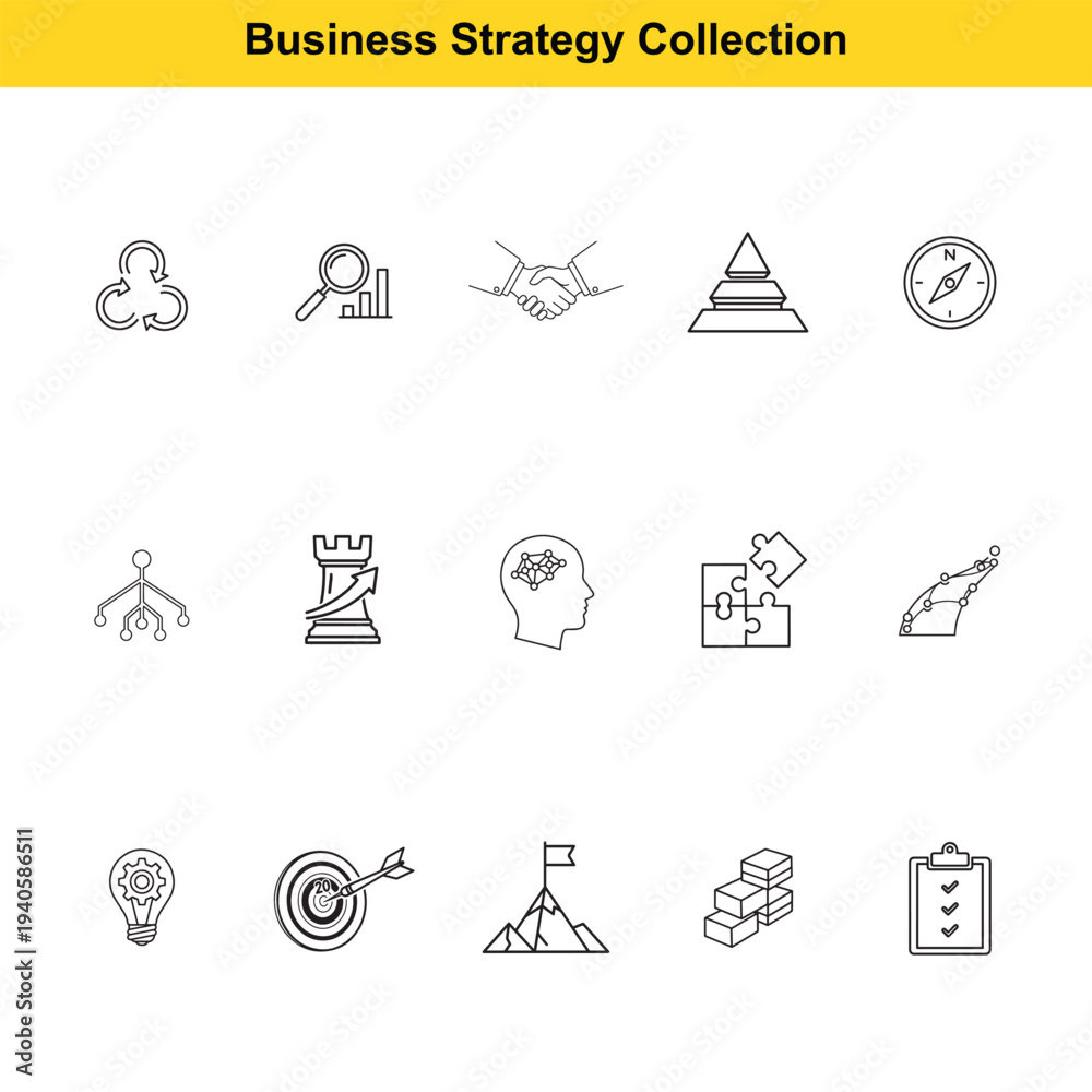Fototapeta premium A set of black and white line icons illustrates various concepts related to business strategy, goal achievement, and organizational planning for corporate presentations.
