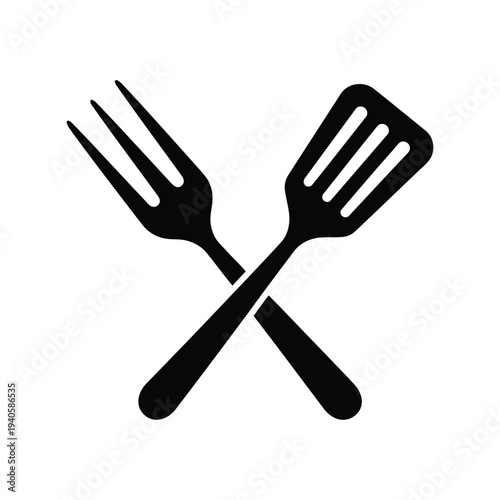 Cooking utensils silhoutte vector crossed fork and spatula icon for kitchen and restaurant design