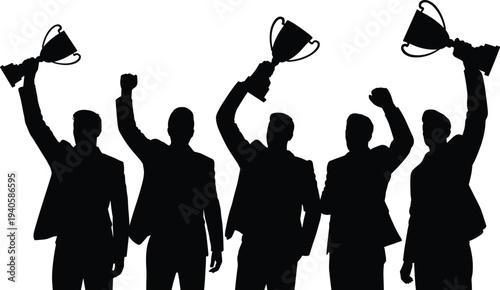 Business winners holding trophy silhouette set, successful team celebrating victory achievement award concept corporate success illustration