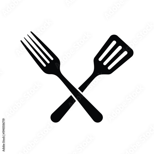 Kitchen utensils vector silhouette of crossed fork and spatula icon for restaurant logo