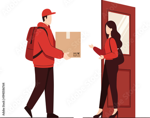 Delivery man handing package to woman at door  courier delivering parcel to customer
