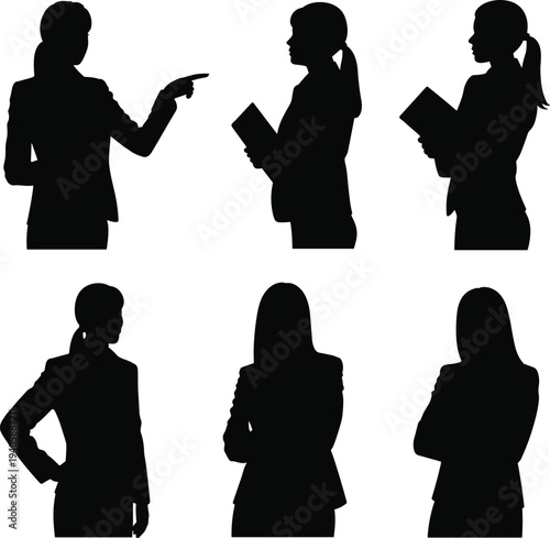 Businesswoman silhouette set with different poses, professional female office worker holding documents, corporate leadership and business concept illustration