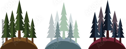 Vector forest landscape illustration featuring three stylized pine tree scenes with seasonal color variations, daytime, winter fog, and twilight atmosphere