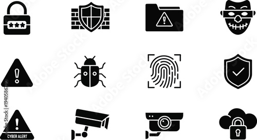 Security and warning icons set including padlock shield bug fingerprint and camera symbols