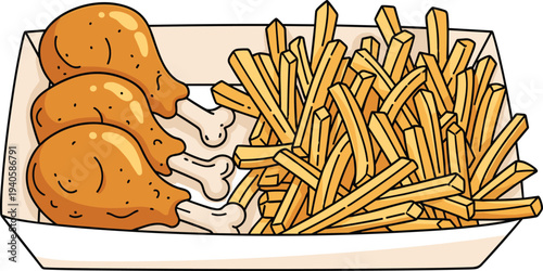 Vector fast food tray illustration featuring crispy fried chicken drumsticks and golden French fries in paper container for casual dining