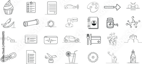 A collection of 25 small black and white illustrations or icons