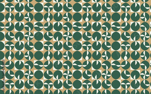 Mid-century modern geometric seamless pattern with green and beige circles.