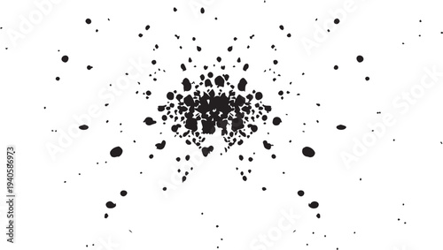 Abstract art piece featuring a central black particle cluster on white background