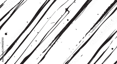 Abstract black and white image with diagonal streaks and scratches on a white background