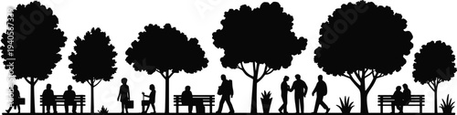 City park silhouette with people walking, sitting on benches and trees landscape urban public park life illustration