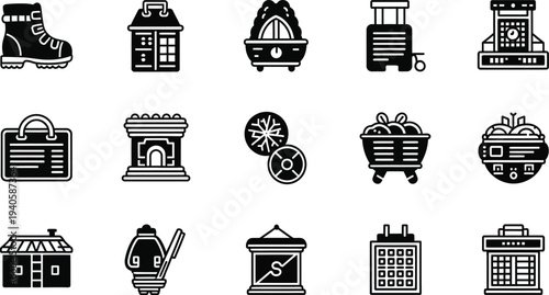 Collection of travel and shopping icons in black and white