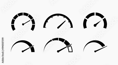 Speedometer speed sign icon set. Simple transportation dashboard. Car, motobike, race.